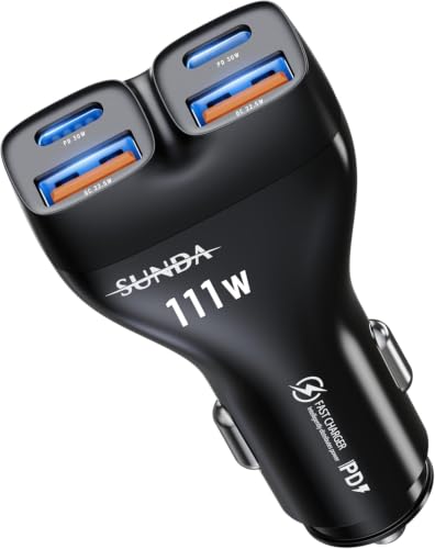 Car Phone Charger 111W USB-C, 4-Port Independent Output PD3.1 30W/QC22.5W Super Fast Car Charger, Dual USB-C & Dual USB-A Cigarette Lighter Fast Charger for iPhone/Samsung Ultra/iPad/MacBook Air