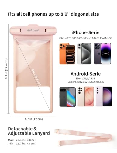 wellhouse Waterproof Phone Pouch, Waterproof Phone Case for iPhone 17 16 15 14 13 Pro Max XS Samsung, IPX8 3D Cellphone Dry Bag Beach Essentials (2 Pack - Blue & Pink8.0, 8 inch) - color: 2 Pack - Blue & Pink8.0"