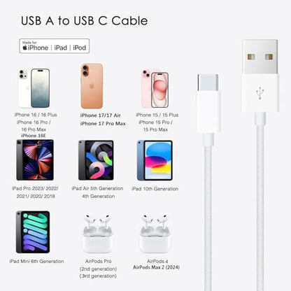 10FT iPhone 15/16/16E/17E Woven USB C Cable for iPhone 17/16/15 Pro Max, Plus,iPad 10th Gen,iPad Pro 12.9/11,iPad Air 5/4th,Mini 6th, AirPods Pro 2nd/3rd gen USB A to USB C Long CarPlay Charger Cord - size: 10FT, style: USB A to USB C