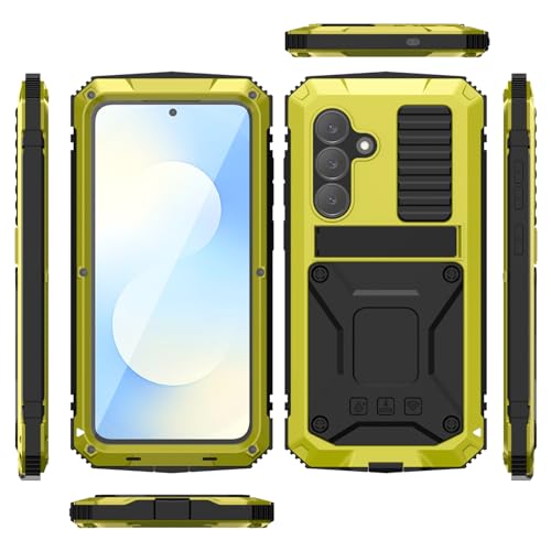 Simicoo for Samsung Galaxy S25 FE Metal Military Heavy Duty Case, Metallic Bumper Shockproof Dustproof Rugged Tough with Stand Screen Protector Camera Control Full Body Drop Protective Cover Yellow - color: Yellow