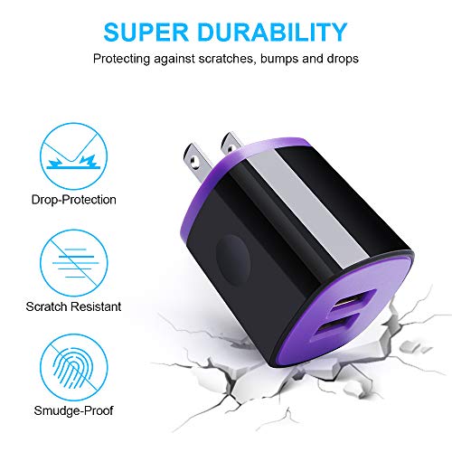 USB Wall Charger, 2Pack Travel Charging Block Cube Dual Port USB Wall Plug - color: Purple