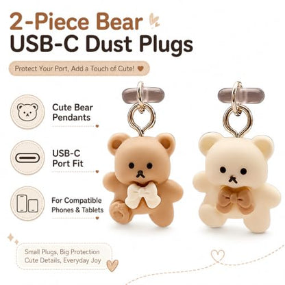 2Pcs USB C Dust Plug with Bear Pendant, Phone Charging Port Protector, Cute Cartoon Design