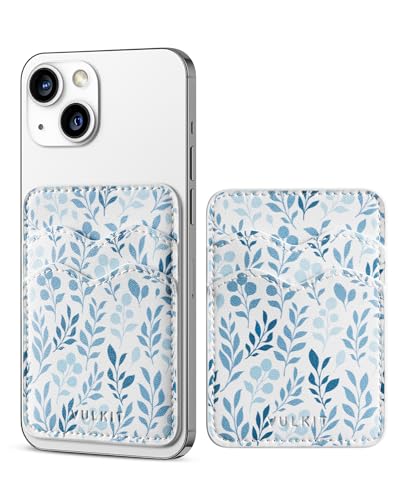 VULKIT Stick on Card Holder Compatible for iphone Leather Cell Phone Wallet Credit Card Case Strong Sticker for Women - color: Blue -Floral