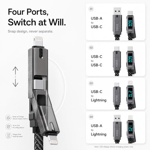 pzoz 4-in-1 Multi Charging Cable with LED Display, 60W PD Fast Charging - style: 60W