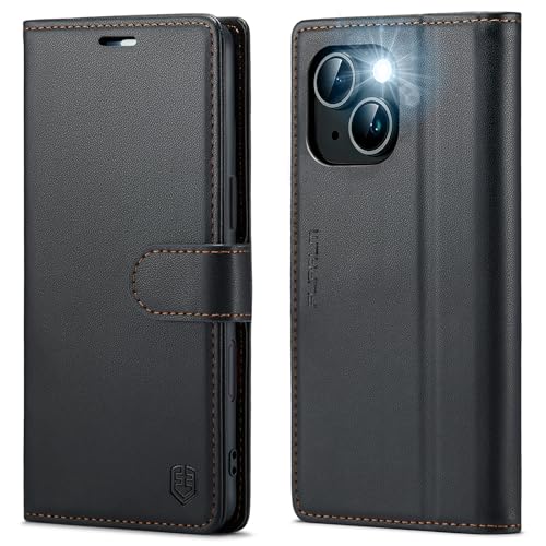 FLIPALM Card Holder Wallet Case for iPhone 15 6.1", Black | RFID Blocking, PU Leather Folio Flip, Kickstand, Protective Shockproof Cover - color: Black, size: iPhone 15-6.1"