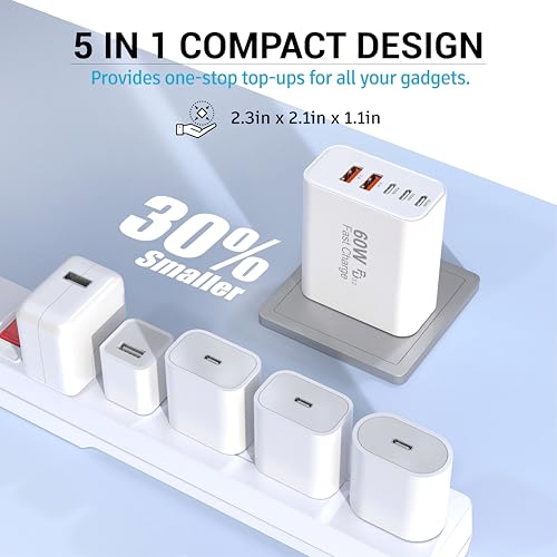 TZBAY 2-Pack USB C Charger Block, 60W 5 Ports Wall Charger Fast Charging - color: White 2Pack