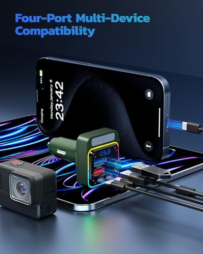 Nulaxy 54W Bluetooth 5.3 Car Adapter, FM Transmitter 4-Port Fast Charging - color: Green