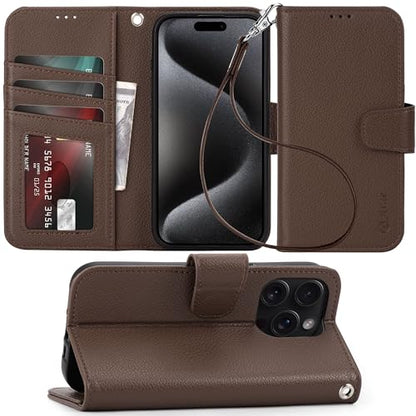 Arae Compatible with iPhone 15 Pro Case with Card Holder and Wrist Strap Wallet Flip Cover for iPhone 15 Pro 6.1 inch Men RFID Blocking Wristlet Kickstand,Litchi Brown - color: Litchi Brown, size: iPhone 15 Pro 6.1 inch