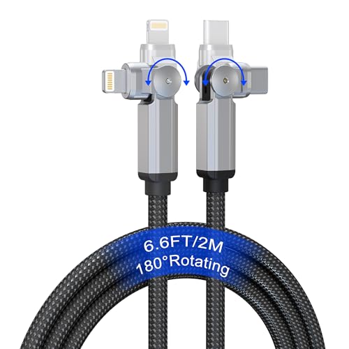90 Degree USB C to Lightning Cable with 180°Swivel Connector 6.6FT [MFi,3A,Carplay,Data] Rotating iPhone Charger Fast Charging Right Angle Lightning Cable for Apple Carplay iPhone 14 13 12 11 X iPad