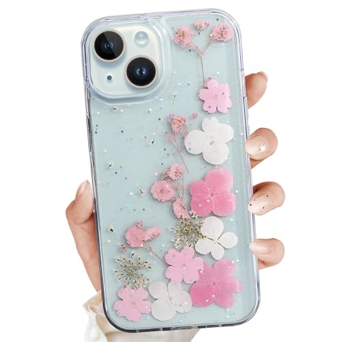 YUCHii for iPhone 14 Clear Case,Aesthetic Floral Phone Case with Pressed Real Flowers Design,Glitter Cute Floral Pattern Women's Phone Case Slim Soft TPU Protective Girl's Phone Cover for iPhone 14 - color: White Pink, size: iPhone 14