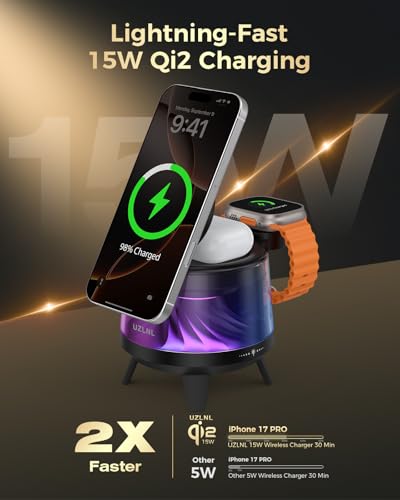 3 in 1 Wireless Charging Station for Apple Devices,Mag-Safe Charger Stand,Magnetic Wireless Charger Station,RGB Ambient Light,for iPhone 17 Pro Max 16 15 14 13 12,AirPods & Apple Watch Series