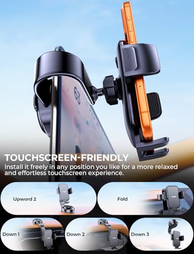 Car Dashboard Phone Holder for Windshield - Tesla Touch Screen Phone Mount with 360° Adjustable Aluminum Arm & Nano Adhesive Base for iPhone 17 Pro Max and All 4-7inch Smartphone (Black)