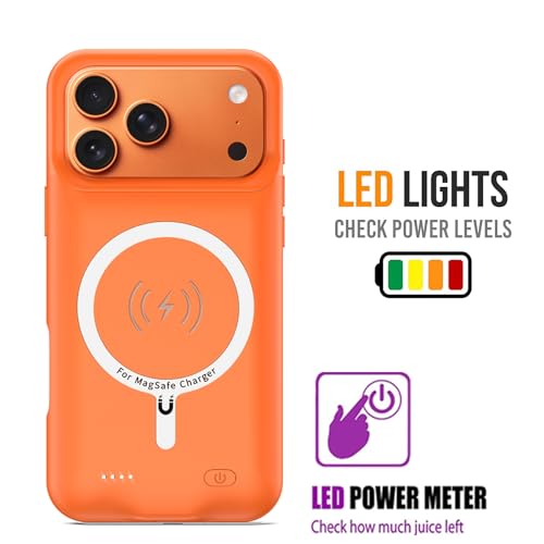 Battery Case for iPhone 17 Pro, 10000mAh Pack Rechargeable Charger Case Support Carplay with Wireless Charging Compatible for iPhone 17 Pro (6.3 inch) External Battery Charging Cover (Orange) - size: iPhone 17 Pro-Orange