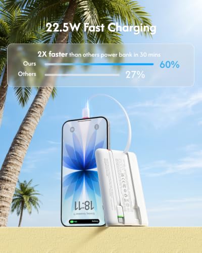 VEGER 10000mAh 0.4lb Fast Charging Portable Charger with Built-in Cables - color: White