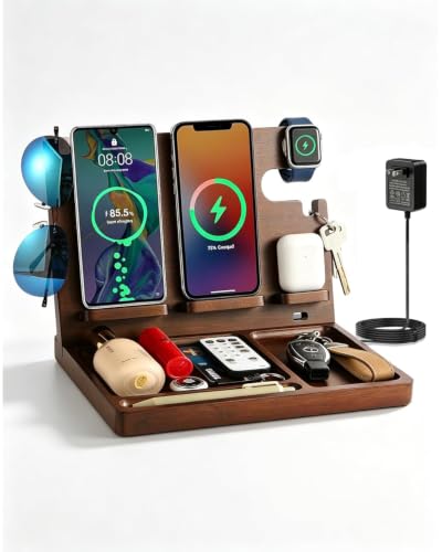 Wood Phone Docking Station with 4 Wireless Charger Nightstand Organizer - color: Walnut color