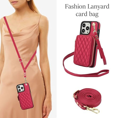 Phone Case for iPhone 14 Pro 6.1 inch Wallet Cell Cover with Tempered Glass Screen Protector Wrist Crossbody Strap RFID Blocking Card Holder TPU iPhone14Pro 5G i i-Phone i14 iPhone14 4 14Pro Women Red - color: Red