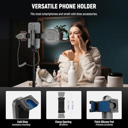 NEEWER Selfie Stick Tripod for iPhone, Lightweight Foldable Mini Travel 360° Desk Stand with Cell Phone Holder Cold Shoe for Video Recording Vlog Streaming, Remote Shutter & Cleaning Cloth, P15 Black