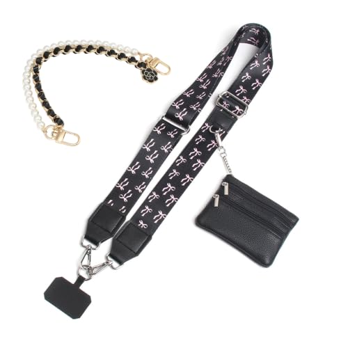 Phone Strap with Zippered Pouch, Clip and Go Strap for Phone with Wallet Crossbody, Adjustable Crossbody Phone Strap-1 - color: Bow Black