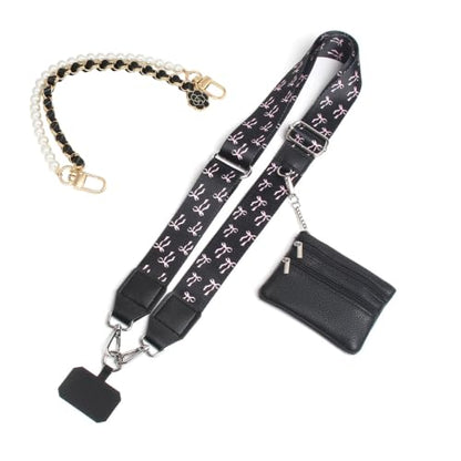 Phone Strap with Zippered Pouch, Clip and Go Strap for Phone with Wallet Crossbody, Adjustable Crossbody Phone Strap-1 - color: Bow Black
