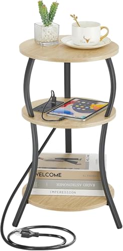YEAKOO Small Side Table with Charging Station,3-Tier Round end Table - color: Oak, style: USB Charger