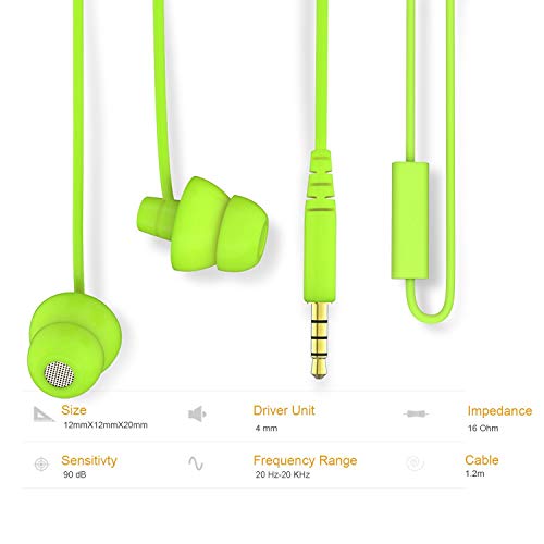 MAXROCK Wired Sleep Earphones Soft Sleep Earbuds Total Silicon Sleeping Headphones with in-line Mic for Cellphones, Mp3, Tablet pocasts 3.5mm, Green