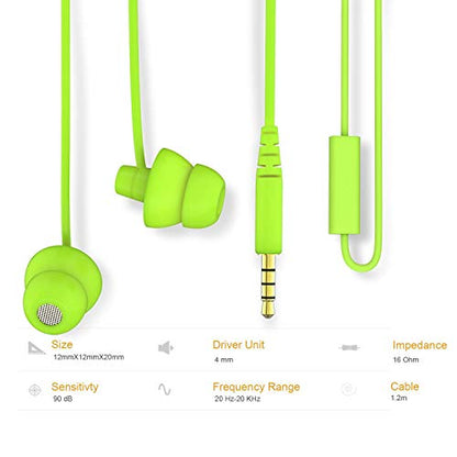 MAXROCK Wired Sleep Earphones Soft Sleep Earbuds Total Silicon Sleeping Headphones with in-line Mic for Cellphones, Mp3, Tablet pocasts 3.5mm, Green
