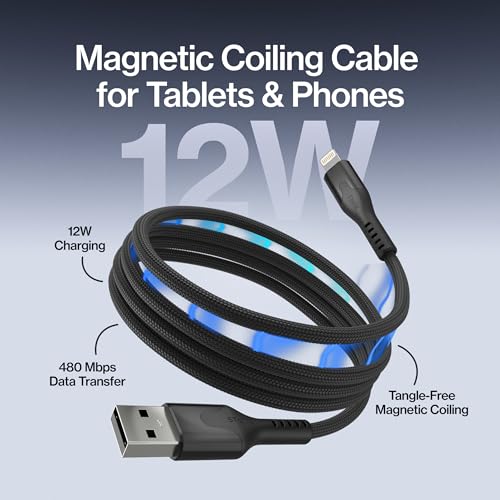 Statik MagStack USB A to Lightning Coiling Magnetic Charging Cable, 12W - color: Black, size: 6ft, style: USB-A to Lightning