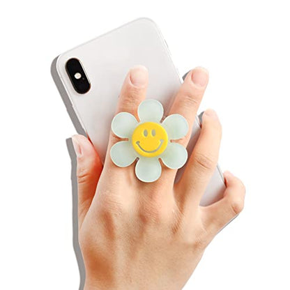 On The Grip Cheerful Smiley Flower Phone Grip - Bright, Expandable, Collapsible - Comfortable Touch, Secure Grip (White) - color: White