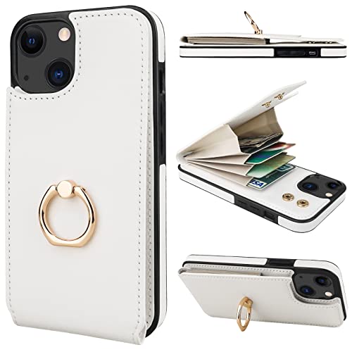 Folosu Compatible with iPhone 14 Case Wallet with Card Holder, 360°Rotation Finger Ring Holder Kickstand, RFID Blocking Leather Protective Double Buttons Shockproof Cover 6.1 Inch White - color: White, size: iPhone 14