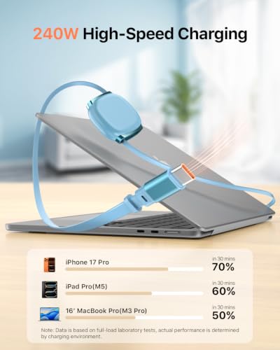 240W Retractable USB C Cable,3.3ft,Ocean Blue,2Pack - color: Ocean Blue, size: 2Pack-3.3ft