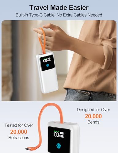 Portable Laptop Charger 24000mAh 65W w/USB C Built-in Cable White - color: White