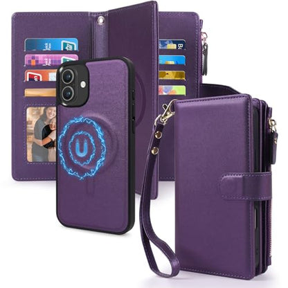 Magnetic Case for iPhone 16 Plus Wallet Compatible with Magsafe RFID Blocking Card Holder Detachable Phone Cover Kickstand Snap Strap Zipper Pocket PU Leather 6.7 inch 2024 (Purple) - color: Purple, size: iPhone 16 Plus