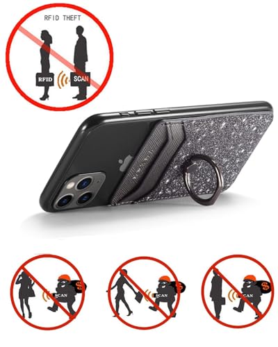 2Pcs RFID Phone Wallet Stick on Back of Phone Card Holder with Ring | 2 Black Glitter Sticky Phone Wallet for Credit Card/IDs/Pocket, Adhesive Phone Card Holder for iPhone, Videos - color: Black Glittering