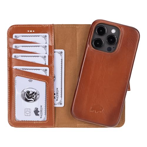 Burkley BLACKBROOK Leather Wallet Case for iPhone 16 Pro, Magnetic Removable 2-in-1 Wallet Case for MagSafe, 4 Card Slots, Cash & ID Pockets with RFID, Flip Case Compatible with iPhone 16 Pro - color: Burnished Tan, size: iPhone 16 Pro