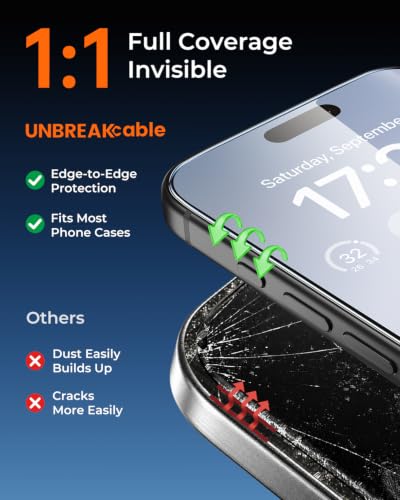 UNBREAKcable iPhone 15 Full-Coverage Screen Protector - 3 Pack | Quick-Install Box, Edge-to-Edge Coverage, 9H Hardness, Ultra HD Clarity, Daily Protection, Smooth Touch - size: iPhone 15