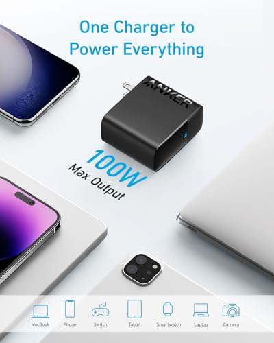 Anker Laptop Charger, Compact Foldable 100W USB C Charger with 5FT Cable - color: Black