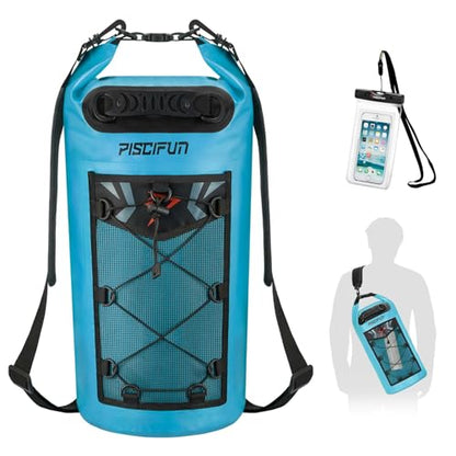 Piscifun Dry Bag, Waterproof Floating Backpack 10L/20L/30L/40L | Waterproof Phone Case, Adjustable shoulder straps, Roll-top closure keeps gear dry, Ideal for Boating, Kayaking, Fishing - color: Light Blue, style: 20l