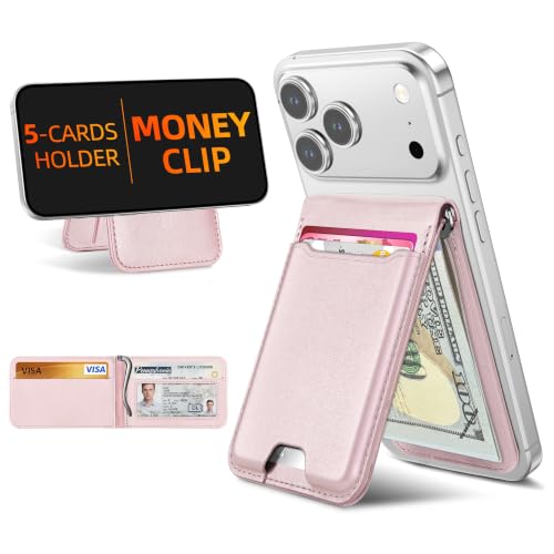 For Magsafe Wallet with Money Clip, 5 Card Holder, Adjustable Stand | Strongest Magnetic Wallet for iPhone 17/16/15/14/13/12 Series, ID Window, RFID Blocking, Not for 13/12 Mini, Pearl Pink - color: Pearl Pink