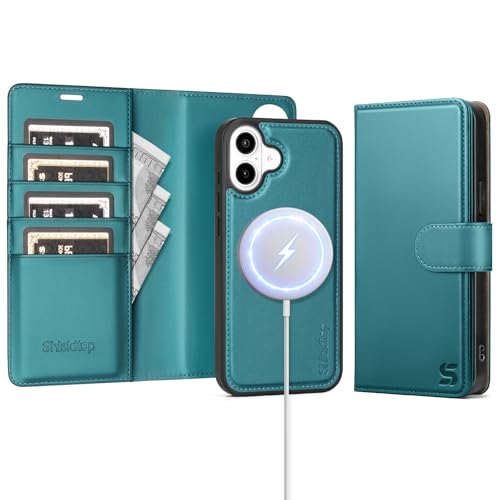 Shieldtop Compatible with MagSafe iPhone 17 Wallet Case,Blue Green | 2 in 1 Detachable Magnetic,Credit Card Holder Slots,RFID Blocking,PU Leather,Kickstand,Flip Folio Phone Cover for Men & Women - color: Blue Green, size: iPhone 17 - 6.3"