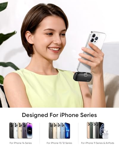 Kuulaa Small Portable Charger iPhone with Built-in Lightning Cable 5000mAh Power Bank Fast Charging for iPhone 14/13/13 Pro/12/12 Pro/11/XR/XS/X/8/7/6 Black - color: Black