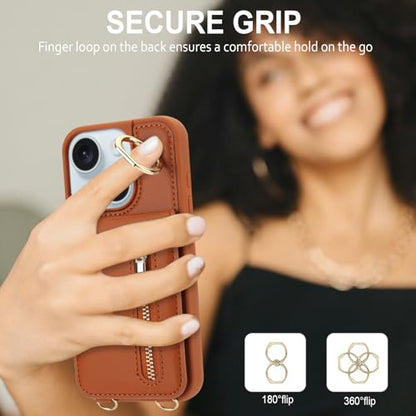 Crossbody Wallet Case for iPhone 11, with Card Slots Zipper Pocket Case, Flip Folio Purse RFID Blocking with Ring Kickstand Detachable Strap-Brown - color: Brown, size: iPhone 11(6.1")