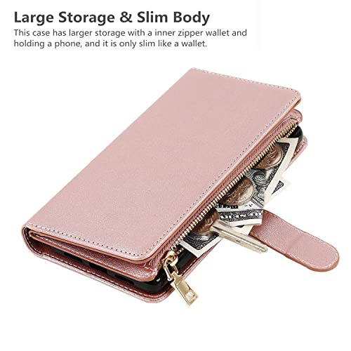 iCoverCase for Samsung Galaxy S23 Ultra Wallet Case with Card Holder, Kickstand Feature PU Leather Case with Adjustable Crossbody Lanyard Magnetic Clasp Zipper Pocket Flip Cover (Rose Gold) - color: Rose Gold, size: Galaxy S23 Ultra