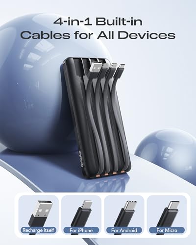 Orfeika 20000mAh Power Bank, Portable Charger with 4 Built-in Cables - color: Black