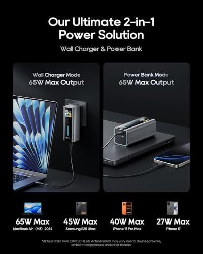 CUKTECH 65W Power Bank, 2-in-1 9000mAh Battery Pack with Built-in Wall Plug - color: 10 Fusion