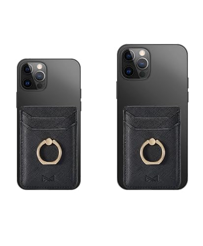 Card Holder Sleeve with Ring, RFID Credit Wallet PU Leather Stick On Back Grip for iPhone Samsung Smartphone - Black