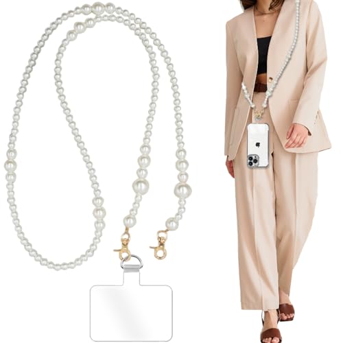 Phone Chain Crossbody Pearl Strap, Pearl Beaded Chain Shoulder Crossbody Lanyard with Phone Tether Patches Compatible with Most Phones Bag Purse (I) - color: Q