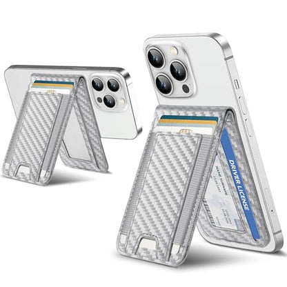 for MagSafe Wallet with Adjustable Stand, 9 Card Holder, Open ID Window - color: Silver Carbon Fiber