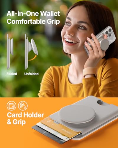 Sinjimoru Phone Wallet for MagSafe, Phone Card Holder with Grip, Grey | M-Tap Tok Wallet, 3200G strength, soft silicone finger holder, vegan leather, phone stand, fits iPhone 17-12 - color: Grey