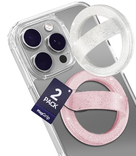 2-Pack Magnetic Phone Grip Holders for iPhone, Compatible with MagSafe (Soft-Touch Silicone) Cute Finger Loops for Women, Comfortable and Secure Fit (Clear Sparkle & Glitter Pink) - color: Pink Glitter