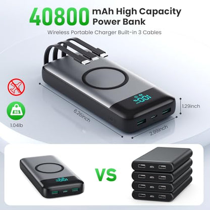 Wireless Portable Charger 40800mAh with 3 Built-in Cables,7-in-1 15W Wireless Charging Power Bank,25W PD QC 4.0 Fast Charging USB C Travel Essentials Battery Pack for iPhone 17/16/15/14,Galaxy,Android